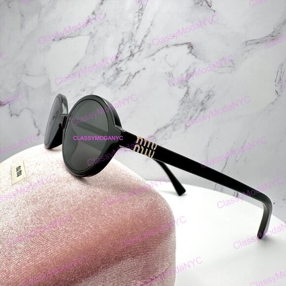 New MIU MIU Sunglasses Black Acetate Slim Round Gold Metal Logo Authentic Women main image 4